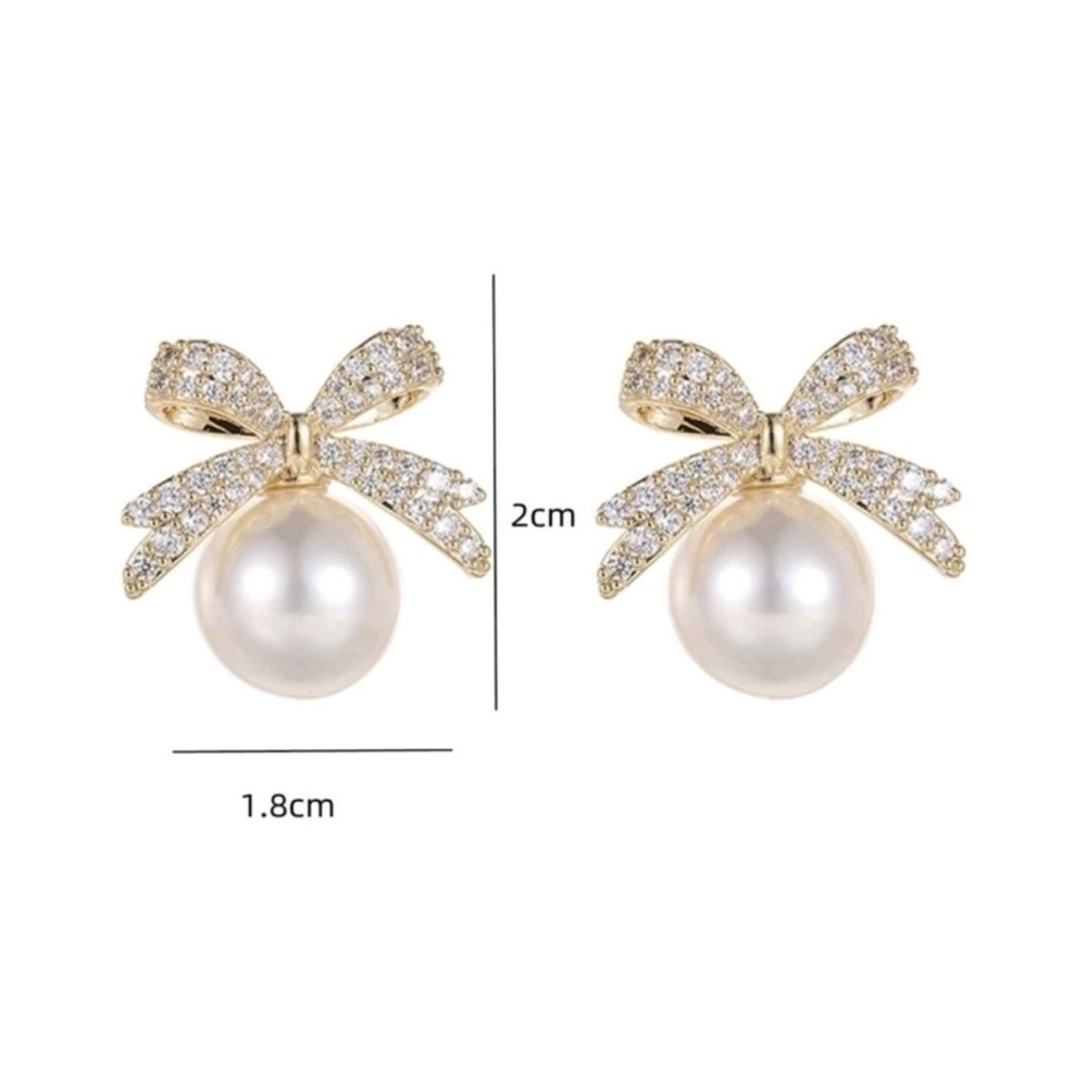 Anthropologie Kari Pearl and Bow Gold Rhinestone Classy Earrings - Picture 3 of 7